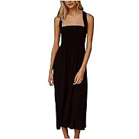 Women Lave-Up Cross Back Smocked Linen Halter Dress with Pockets Summer Sleeveless Slim Tunic Solid A-Line Dresses
