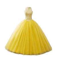 Women's Embroidered Beaded Quinceanera Dresses High Neck Tulle Ball Gowns