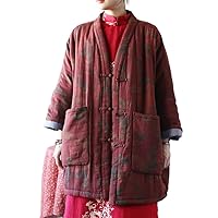 Womens V Neck Floral Print Chinese Button Down Cotton Jacket Comfy Long Sleeve Coat Long