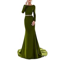 Women's Satin Long Sleeve Mermaid Prom Dress Jewel Neck Evening Dresses with Belt Beads Army Green
