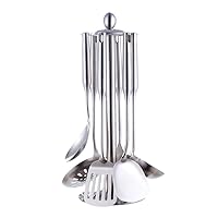 Buyer Star 7 Piece Stainless Steel Kitchen Tools Set Turner Spatula Ladle Skimmer Pasta Server Serving Spoon with Kitchen Tool Stand Cookware Dishwasher Safe