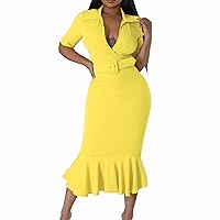 Formal Dress for Women,2024 Summer Trendy V Neck Ruffled Short Sleeve Birthday Dress,Solid Hip-Hugging Maxi Dress