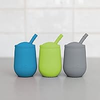 ezpz Mini Cup + Straw Training System 3-Pack (Blue, Lime & Gray) - 100% Silicone Training Cup for Infants + Toddlers - Designed by a Pediatric Feeding Specialist - 12 Months+