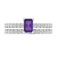 1.38ct Emerald Round Cut Pave Solitaire with Accent Natural Amethyst Statement Bridal Wedding Ring Band Set 14k White Gold