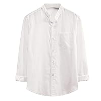 Mens Casual Button Down Shirt Long Sleeve Linen Chambray Shirt Pockets Casual Banded Collar Dress Shirt Work Shirt