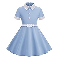 Girls Cap Sleeve Vintage Floral Print 50's Polka Dot Swing Dress Audrey Rockablilly Casual Boho A-line Tea Dress with Belt