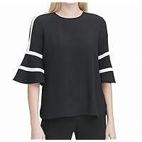 Calvin Klein Womens Flare with Piping Pullover Blouse, Black, Small