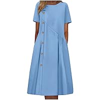 Women's Plus Size Summer Midi Dresses Short Sleeve Casual Loose Plain A Line Pleated Flowy Long Dress with Pockets