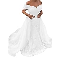Melisa Women's Off Shoulder Lace Mermaid Wedding Dresses for Bride with Detachable Train Long Bridal Ball Gowns