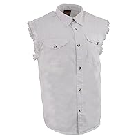 Milwaukee Leather DM4006 Men's White Lightweight Denim Shirt with with Frayed Cut Off Sleeveless Look - Medium