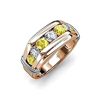 Round Yellow Sapphire and Diamond 1 ctw 7 Stone Channel Set Men Wedding Ring 14K Gold