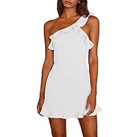 Women's Sexy One Shoulder Ruffle Hem Mini Dress Backless Sleeveless Party Cocktail Bodycon Solid Short Dresses
