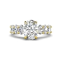 4.90 ctw Moissanite Oval Shape (9x7 mm) & Lab Grown Diamond Oval Shape (5x3 mm) Prong set Hidden Halo Engagement Ring in 14K Gold