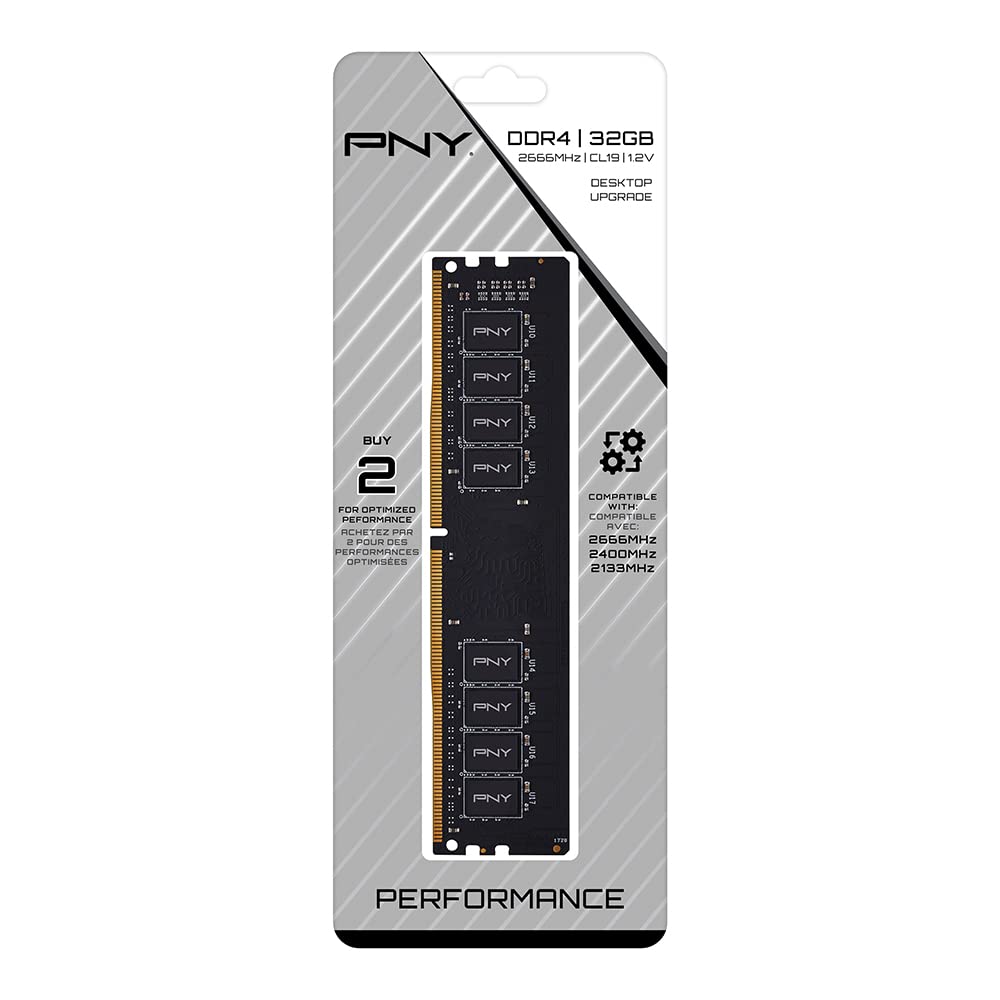 PNY Performance 32GB DDR4 DRAM 2666MHz (PC4-21300) CL19 (Compatible with 2400MHz or 2133MHz) 1.2V Desktop (DIMM) Computer Memory – MD32GSD42666-TB