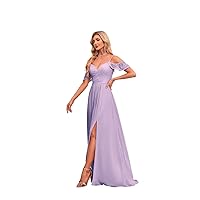 V Neck Bridesmaid Dresses with Pockets A-Line Long Chiffon Formal Party Dresses with Slit UU32