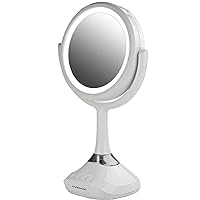 Lighted Vanity Mirror, Table Top, 360 Degree Spinning 6'' Double Sided Circle LED 1X 5X Magnifier with MP3 Audio, Built-in Wireless Speaker, Rechargeable, USB Operated, White MRT06W1X5X