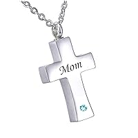 misyou Customized Stainless Steel Memorial March Birthstone Pendant Cremation Cross Pendant Keepsake Necklace （Mom）