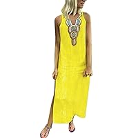 Dress Split Hem Long Baggy Printed Sleeveless V-Neck Women’s Kaftan Dress Maxi Long Dressy Maxi Dresses for