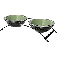 PetRageous 44338 Buddys Best Steel Frame Non-Skid Raised Dog Bowl Feeder, 13-Inch by 5.75-Inch by 3-Inch Tall, Anti-Slip, with 2 Dishwasher Safe Stoneware 6-Inch 2-Cup Bowls, Green