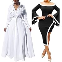 Women's Button Down Maxi Shirt Dress and Womens Off Shoulder Bell Sleeve Bodycon Dress Black and White Plus Size Party Cocktail Club Casual Dresses