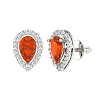 2.52 ct Pear Round Cut Halo Solitaire Red Simulated Diamond Pair of Solitaire Stud Screw Back Earrings 18K White Gold