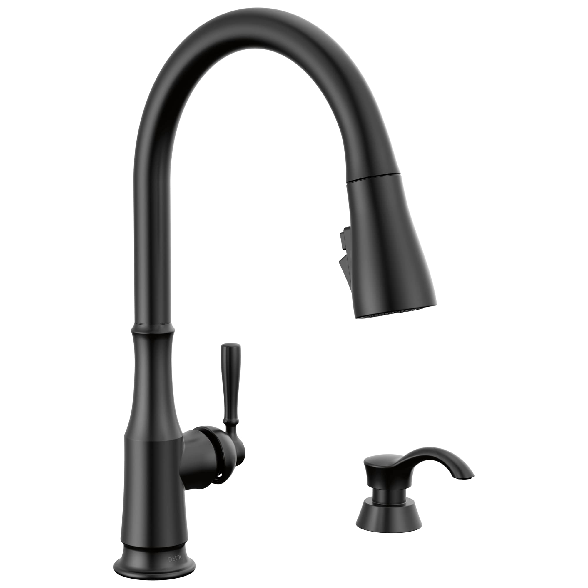 Delta Faucet Capertee Black Kitchen Faucet with Soap Dispenser, Kitchen Faucets with Pull Down Sprayer, Kitchen Sink Faucet with Magnetic Docking Spray Head, Matte Black 19877Z-BLSD-DST