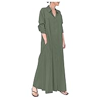 Women's Casual Dress Maxi Dress Long T-Shirt Dress V Neck Long Sleeve Button Down with Pockets