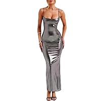 Womens Sexy Spaghetti Strap Metallic Sparkly Long Bodycon Party Dress Shiny Sleeveless Maxi Pencil Cami Dress