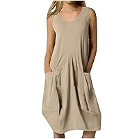 Women's Casual Dresses Loose Fit Scoop Neck Sleeveless Cotton and Linen Midi Dress Baggy Summer Tank Dress with Pockets