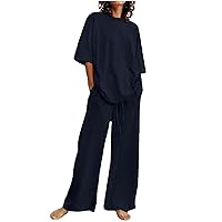Women's Tops and Pants Set 2 Piece Linen Outfits Loose Fit Lounge Sets Solid Comfy Loungewear Casual Matching Set
