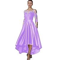Elegant Scoop Neck Satin Mother of The Bride Dress Tea Length Lace Formal Wedding Guest Dresses 3/4 Sleeve