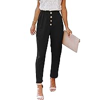 Womens Casual Loose Cropped Pants Elastic High Waist Paper Bag Pants Comfy Work Slim Office Pants with Pockets