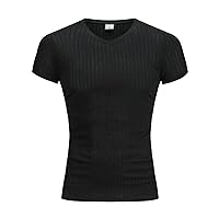 Men's Muscle T Shirts Fashion V Neck Bodybuilding Workout Tee Shirts Stretch Short Sleeve Ribbed Knit Shirt