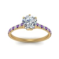 Choose Your Gemstone 6 Claw Prong Flower Basket Diamond CZ Ring Yellow Gold Plated Round Shape Side Stone Engagement Rings Lightweight Office Wear Everyday Gift Jewelry US Size 4 to 12