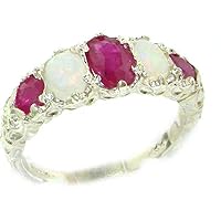 14k White Gold Real Genuine Ruby and Opal Womens Band Ring