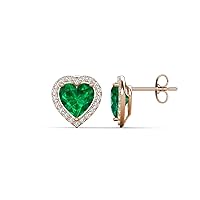Heart Created Emerald & Round Natural Diamond 2.44 ctw Women Heart Halo Stud Earrings 14K Gold