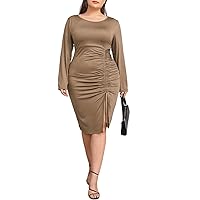 Plus Size Long Sleeve Ruched Dress Women Lace Up Midi Bodycon Dress Party Pencil Dress