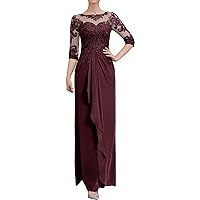 Lace Mother of The Bride Dresses for Wedding Long Chiffon Pleated Evening Prom Dress with 3/4 Sleeve for Women Scoop Neck