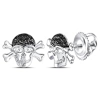 The Diamond Deal Sterling Silver Mens Round Black Color Enhanced Diamond Pirate Skull Crossbones Earrings 1/10 Cttw