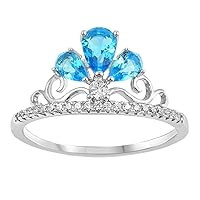 Blue Simulated Topaz Teardrop Tiara Crown Princess Ring Sterling Silver Band Sizes 4-10