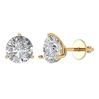 4Ct Brilliant Round Cut - Solitaire Studs Earrings - Clear Simulated Diamond - 14K Yellow Gold - Screw back