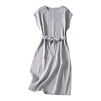 Women Cotton Linen Crewneck Cap Sleeve Casual Dress with Belt Summer Fashion Loose Fit Solid Color A-Line Dresses