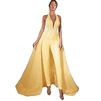 Halter V Neck Jumpsuits 2022 Giltter Prom Dresses Sexy Appliqued Evening Gowns with Detachable Train