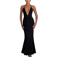 Women Spaghetti Strap Long Dress Sexy Low Cut 3D Rose Party Dress Y2k Backless Fishtail Dress