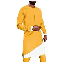 Mens 2 Piece African Dashiki Print Long Shirt+Ankara Pants Set Tribal Outfits Blouse Pockets