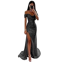 Sparkly Sequin Prom Dresses Long with Slit Off The Shoulder Bridesmaid Mermaid Long Dress Ruched Sparkly Formal Evening Gown
