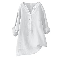 YZHM Plus Size Womens Tops Long Sleeve Button Down Shirts V Neck Cotton Linen Blouses Solid Oversized Tshirts Loose Comfy Tunic Tops, Business Casual Tops for Women, Camisa Blanca Mujer