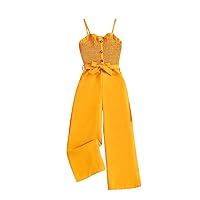 Floerns Girl's Spaghetti Strap Ruffled Frill Button Front Belted Waist Wide Leg Jumpsuits