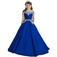 Off Shoulder Girls Pageant Dresses Satin Beaded Birthday Ball Gowns Floor Length