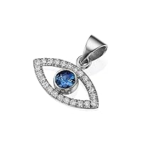 Solid 14k White Gold Evil Eye Pendant, 0.18 Ct Round Diamond in Pave Setting and 0.39 Ct Round Blue Sapphire, Gemstone Evil Eye Pendant